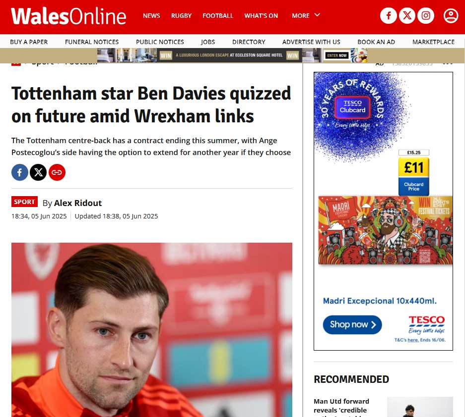Alex Ridout WalesOnline article about Ben Davies